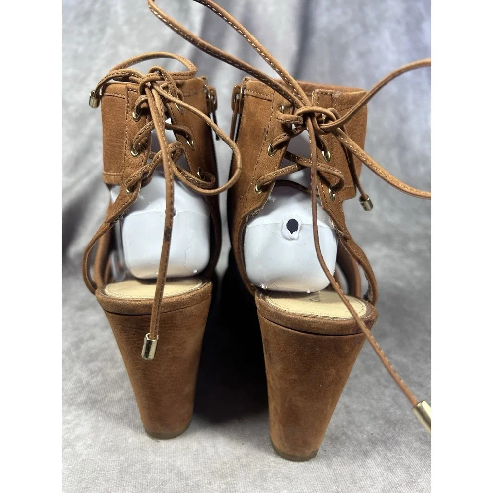 Gianni Bini Brown Leather Lace Up Peep Toe Wedge Booties Women's 9.5M
